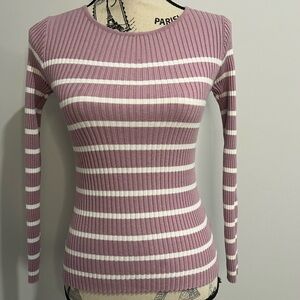 Striped Pink and White Ribbed Long Sleeve Sweater
